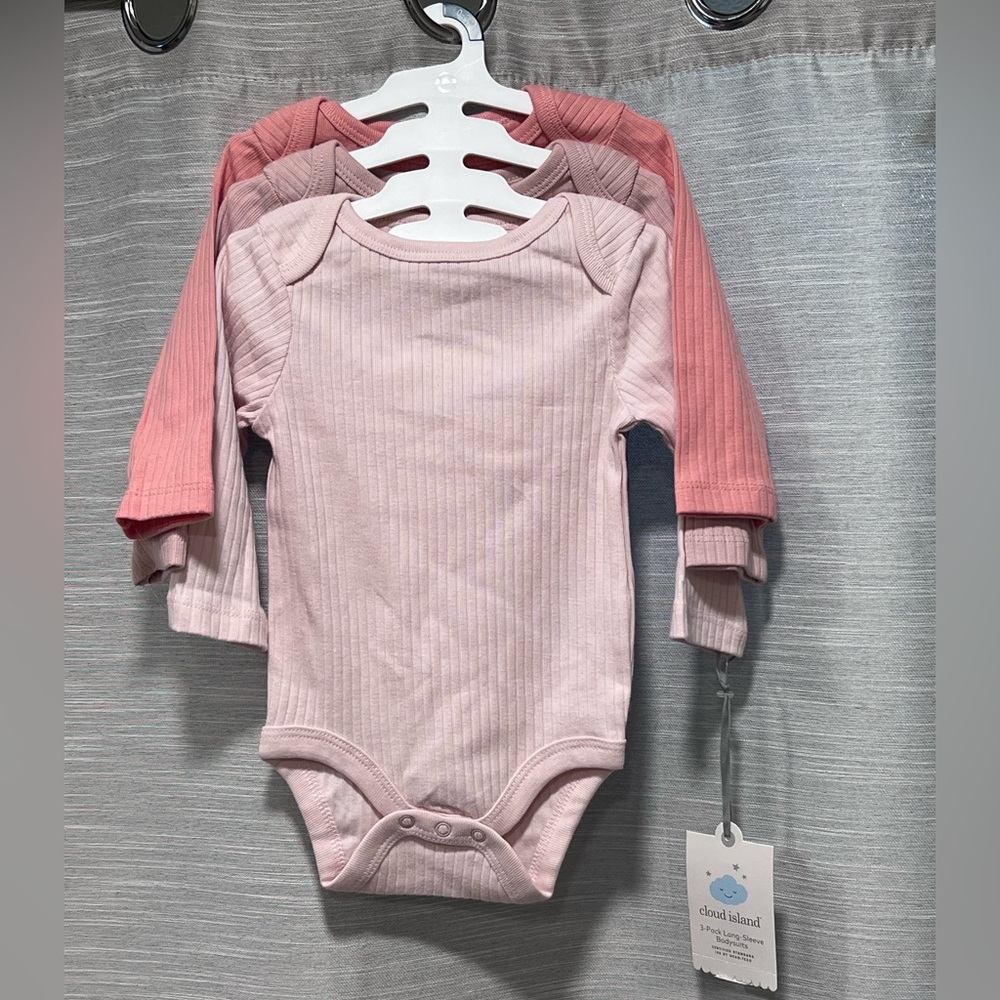 Cloud Island 3PK Pink Ribbed Long-Sleeve BodysuitS Sizes 0-3M & 3-6M NWT